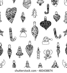 Seamless pattern with christmas hand-drawn decorative elements in vector. Fancy Christmas balls. Pattern for coloring book. Black and white pattern. Made by trace from sketch. Zentangle