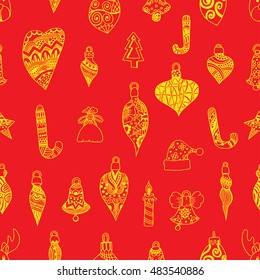 Seamless pattern with christmas hand-drawn decorative elements in vector. Fancy Christmas balls. Red and yellow pattern. Made by trace from sketch. Zentangle