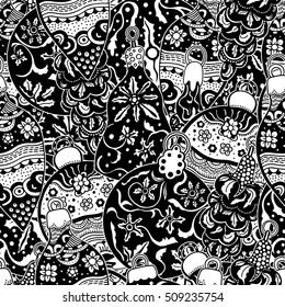 Seamless pattern with christmas hand-drawn decorative elements in vector. Fancy Christmas balls. Pattern for coloring book. Black and white pattern. Made by trace from sketch. Zentangle