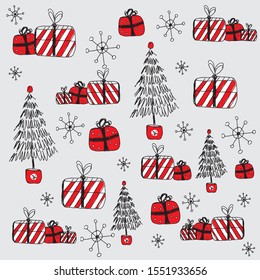 Seamless pattern for Christmas and Happy New Year on a grey background. Beautiful pattern for a luxurious gift wrapping paper, t-shirts, greeting cards. Winter holidays doodle - vector