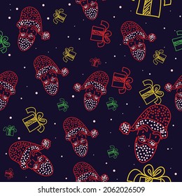 seamless pattern christmas and happy new year greeting card,decoration with snow,santa claus,gifts and sweets,festival doodle style,background vector illustration