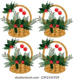 Seamless pattern with Christmas and Happy New Year. Wicker basket with holly and Christmas tree on white background stock vector illustration for web, for print.