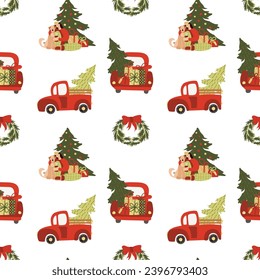 Seamless pattern with Christmas and Happy New Year celebration. Vector cute holiday flat style. Hand drawn cars with gifts, tree and wreath