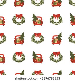 Seamless pattern with Christmas and Happy New Year celebration. Vector cute flat holiday style. Hand drawn car, wreath, tree, gifts