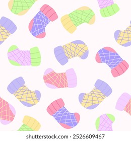 Seamless pattern with Christmas and Happy New Year celebration. Vector cute flat style. Hand drawn cars, tree, gifts