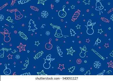 Seamless pattern for Christmas and Happy New Year theme. Classic hand-drawn elements on blue night background. Pattern for packing, christmas paper, wallpaper, background. Vector Illustration