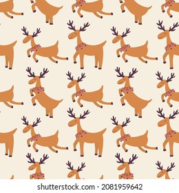 Seamless pattern Christmas happy reindeer with red bells on their necks. Funny animal. Good New Year spirit. Colorful vector illustration hand drawn. Wrapping, textile, fabric or paper