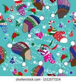 Seamless pattern. Christmas hat, gloves and beautiful girl face on blue background. Vector illustration
