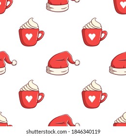 seamless pattern christmas hat and hot drink