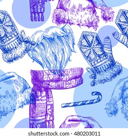 Seamless pattern with Christmas hat, scarf and mittens. Beautiful hand-drawn sketch style illustration. Use for postcards, new year design, invitations, posters.