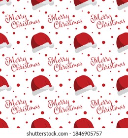 Seamless pattern with Christmas hats and merry Christmas text. White Isolated Background. Vector illustration. eps 10
