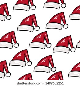 Seamless pattern with Christmas hats. Red Santa cap for textile print or wrapping paper.