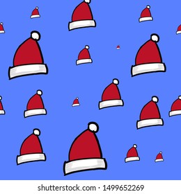 Seamless pattern with Christmas hats. Red Santa cap for textile print or wrapping paper.