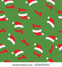 Seamless pattern with christmas hats, pattern with red santa hat on green background for wrapping paper,vector illustration.