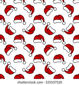 Seamless pattern with Christmas hats. Red Santa cap for textile print or wrapping paper.