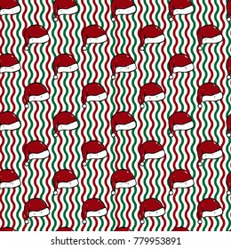 Seamless pattern with Christmas hats. Red Santa cap for textile print or wrapping paper.