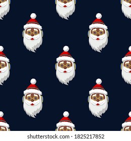 Seamless pattern for Christmas. Hipster Black Santa Claus. Vector Illustration on dark blue background