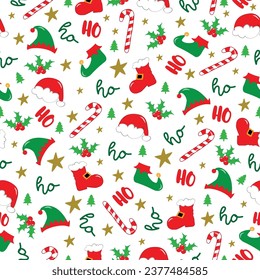 Seamless pattern for Christmas - Ho Ho Ho saying with mistletoe, Santa hat, and boots, Elf hat and shoes, candy cane.