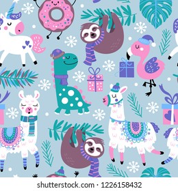 Seamless pattern for Christmas holiday with animals. Childish background for fabric, wrapping paper, textile, wallpaper and apparel. Vector Illustration