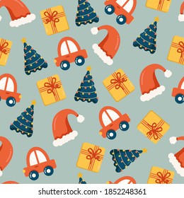 Seamless pattern for Christmas holiday. Childish background for fabric, wrapping paper, textile, wallpaper and apparel. Vector Illustration