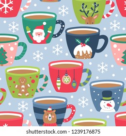 Seamless pattern for Christmas holiday with cocoa chocolate cup. Childish background for fabric, wrapping paper, textile, wallpaper and apparel. Vector Illustration