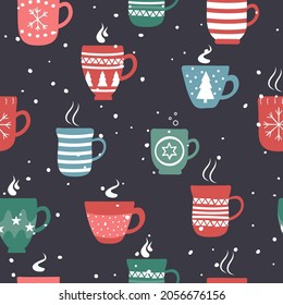 Seamless pattern for Christmas holiday with cocoa chocolate cup. For fabric, wrapping paper and other decoration. Vector illustration