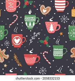 Seamless pattern for Christmas holiday with cocoa chocolate cup.  For fabric, wrapping paper and other decoration. Vector illustration