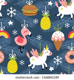 Seamless pattern for Christmas holiday with cute ornaments. Childish background for fabric, wrapping paper, textile, wallpaper and apparel. Vector Illustration