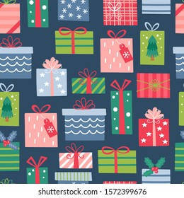 Seamless pattern for Christmas holiday with cute gift boxes. Childish background for fabric, wrapping paper, textile, wallpaper and apparel. Vector Illustration