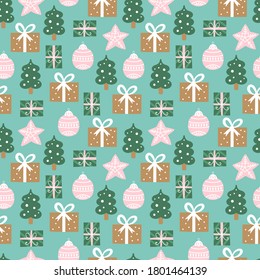 Seamless pattern for Christmas holiday with cute gift boxes and decorations. Childish background for fabric, wrapping paper, textile, wallpaper and apparel. Vector Illustration