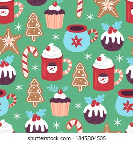 Seamless pattern for Christmas holiday with cute hot chocolate cup and cookies. Childish background for fabric, wrapping paper, textile, wallpaper and greeting cards. Vector Illustration