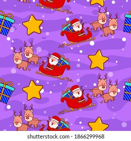 Seamless pattern for Christmas holiday with Cute Santa Claus riding sleigh.Flat Cartoon Style Suitable for Background, fabric, wrapping paper, textile, wallpaper and apparel.