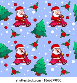 Seamless pattern for Christmas holiday with Cute Santa Claus riding scooter.Flat Cartoon Style Suitable for Background, fabric, wrapping paper, textile, wallpaper and apparel.