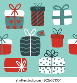 Patrón sin inconvenientes para las vacaciones de Navidad con lindas cajas de regalo. Fondo infantil para tela, papel envolvente, papel textil, papel pintado y ropa. Cajas de regalo de Navidad con cintas. Ilustración del vector