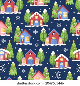 Seamless pattern for Christmas holiday with cute houses. New Year background for greeting card, wallpaper and wrapping paper design