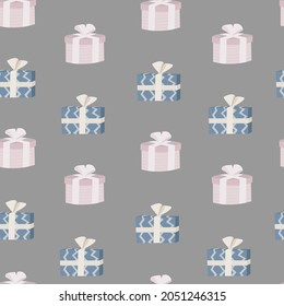Seamless pattern for Christmas holiday with cute cartoon gift boxes. Wrapping paper for Birthday background. Childish backdrop for fabric, wrap, textile, wallpaper, scrapbooking. Vector illustration.