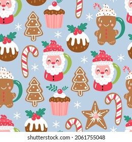 Seamless pattern for Christmas holiday with cute hot chocolate cup and cookies. Childish background for fabric, wrapping paper, textile, wallpaper and greeting cards