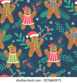 Seamless Pattern For Christmas Holiday With Cute Gingerbread Man Cookies. Childish Background For Fabric, Wrapping Paper, Textile, Wallpaper And Apparel. Vector Illustration