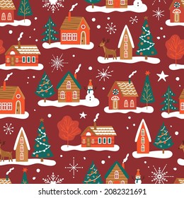 Seamless pattern for Christmas holiday with cute houses and fir trees. Childish background for fabric, wrapping paper, textile, wallpaper and apparel