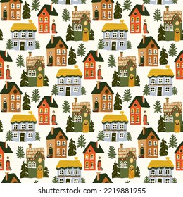 Seamless pattern for Christmas holiday with cute houses and trees. 
