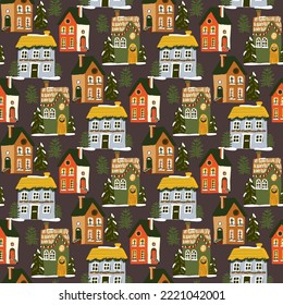 Seamless pattern for Christmas holiday with cute houses and trees on a dark background. 