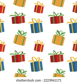 Seamless pattern for Christmas holiday with cute gift boxes. Childish background for fabric, wrapping paper, textile, wallpaper and apparel. Vector Illustration.