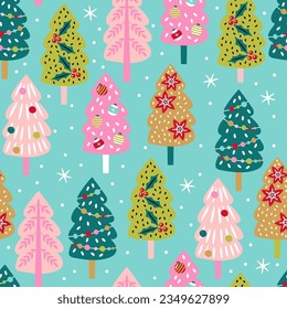 Seamless pattern for Christmas holiday with cute Christmas trees. Childish background for fabric, wrapping paper, textile, wallpaper and apparel