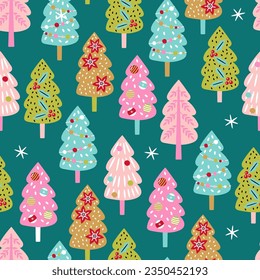 Seamless pattern for Christmas holiday with cute Christmas trees. Childish background for fabric, wrapping paper, textile, wallpaper and apparel