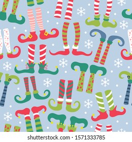 Seamless pattern for Christmas holiday with elf feet in socks and shoes. Childish background for fabric, wrapping paper, textile, wallpaper and apparel. Vector Illustration