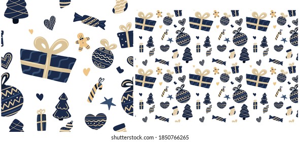 Patrón sin foco para las vacaciones de Navidad. Fondo estirado a mano para tela, papel envolvente, textil, papel pintado y ropa. Ilustración vectorial