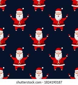 Seamless pattern for Christmas holiday with happy Santa Claus. Childish background. Vector Illustration on dark blue background