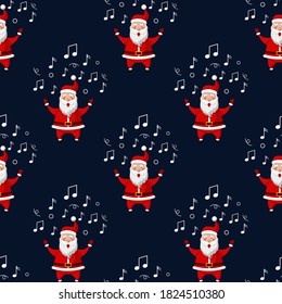 Seamless pattern for Christmas holiday with happy Santa Claus and musical symbol. Childish background. Vector Illustration on dark blue background