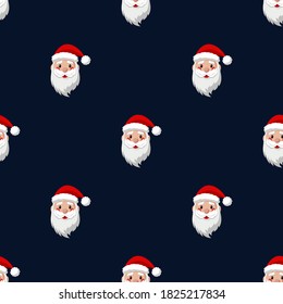 Nahtlose Muster für Weihnachtsfeiertage mit glücklichem Weihnachtsmann. Endlose Textur. Vektorgrafik auf dunkelblauem Hintergrund