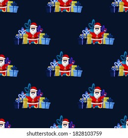 Seamless pattern for Christmas holiday with happy Santa Claus and pile of gift boxes. Childish background. Vector Illustration on dark blue background